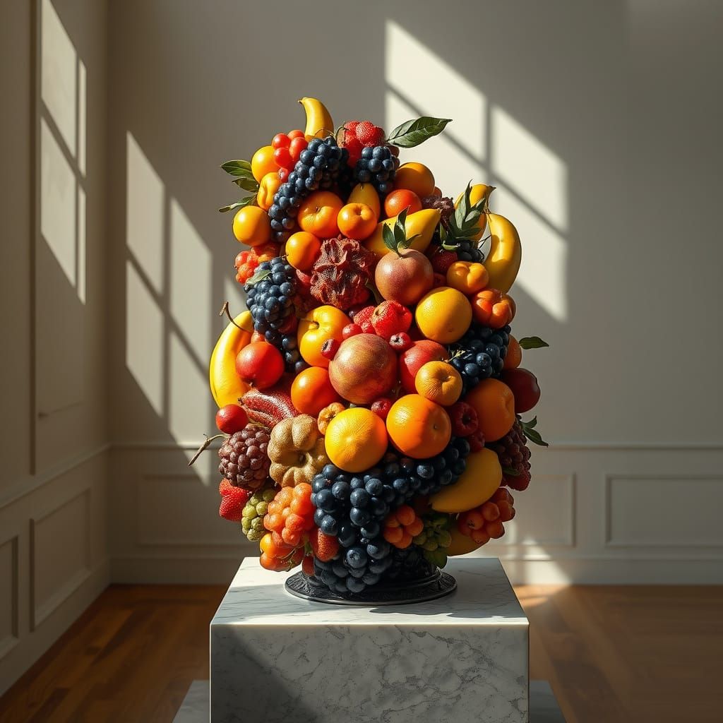 Vibrant Fruit Sculpture in Dramatic Dutch Master Lighting