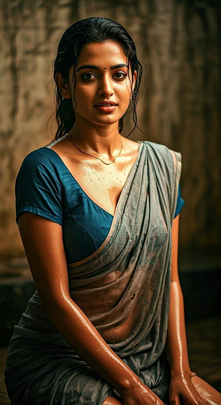 Dusky Indian Woman in Casual Saree with Subtle Smile
