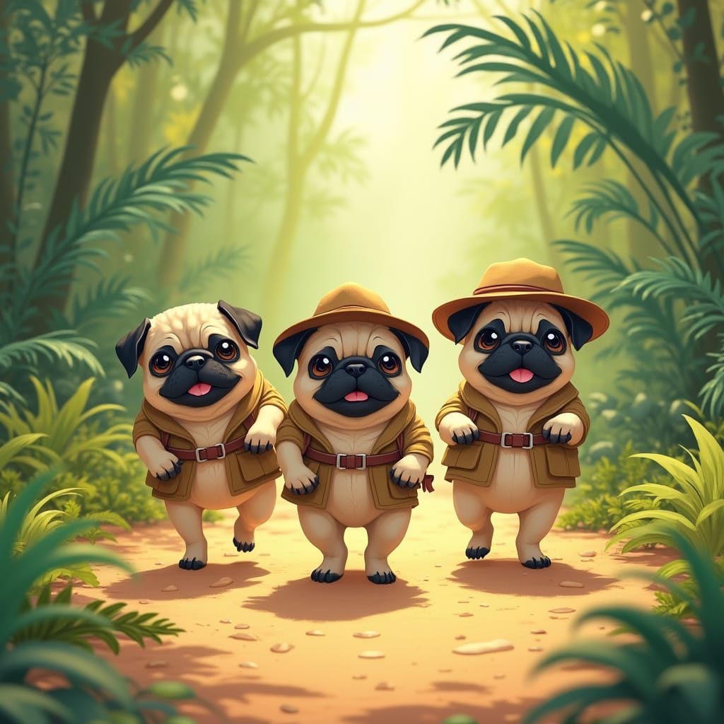Pugs in Miniature Safari Outfits March Through Vibrant Jungl...