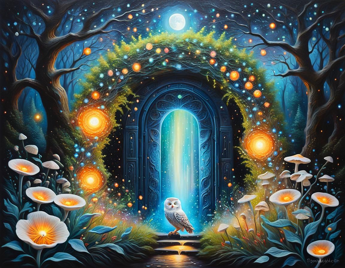 Glowing Snow Owl Portal: Impasto Painting