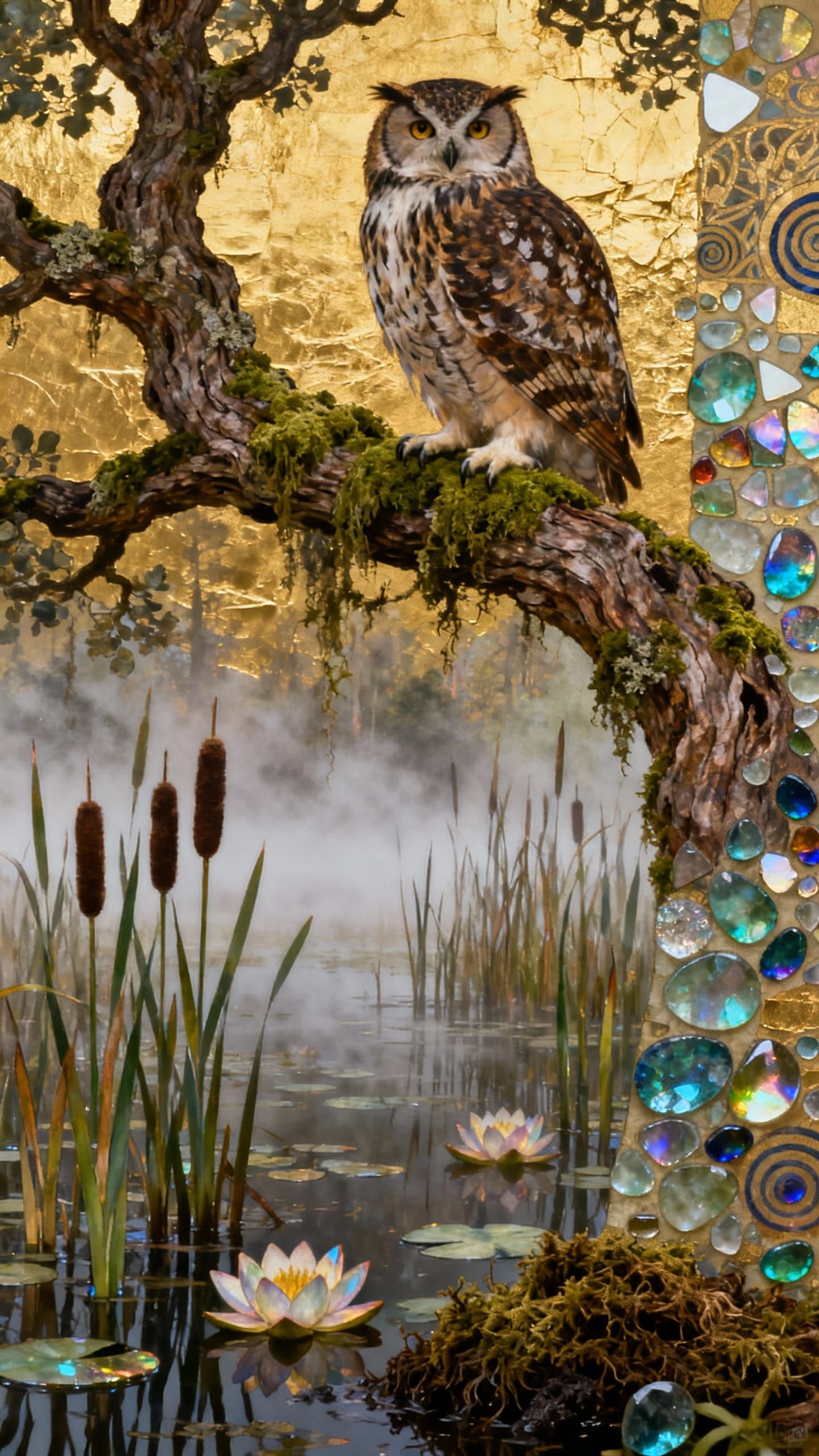 Klimt-Inspired Owl in Misty Swamp Collage