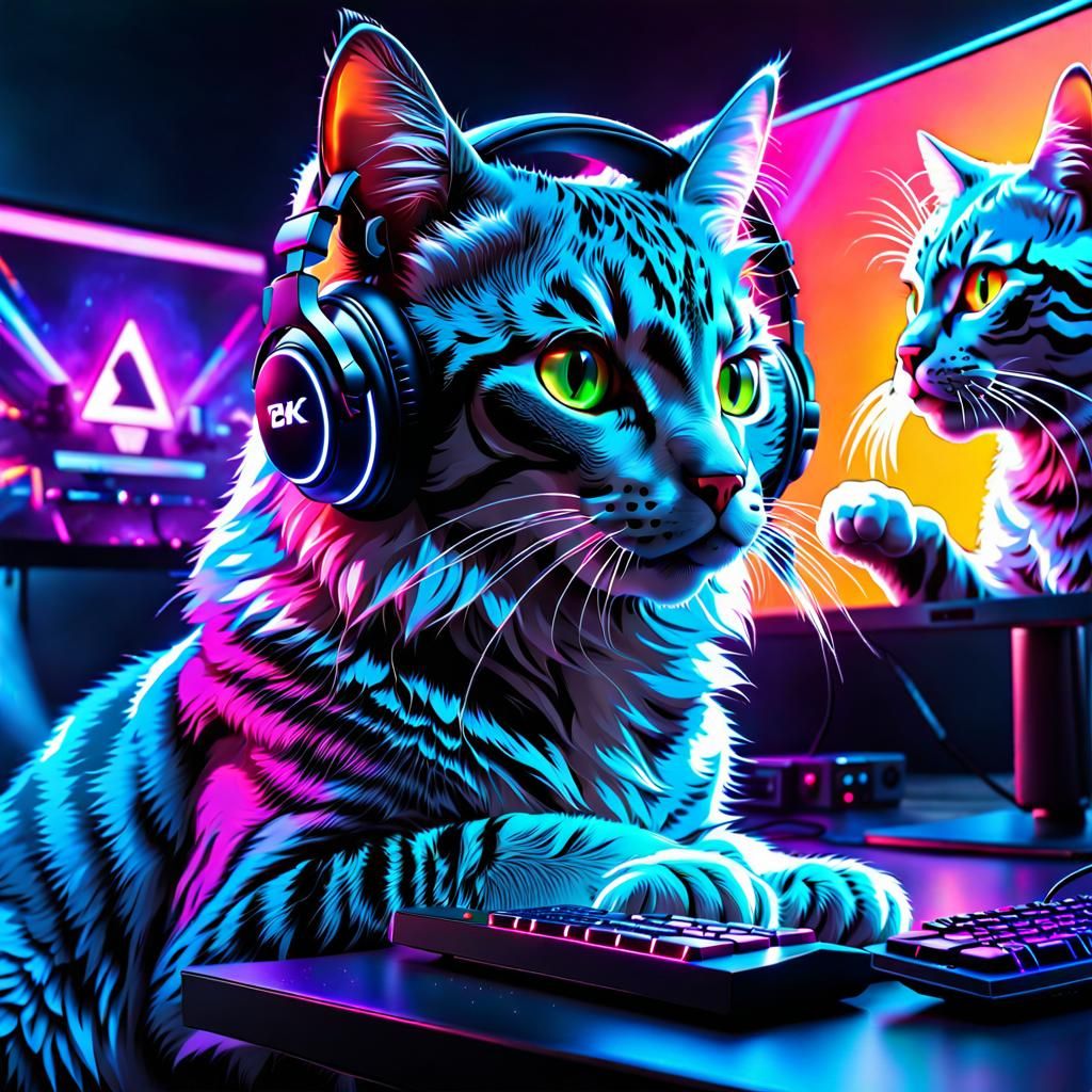 Cat-Person Gaming with RGB and Neon Lights