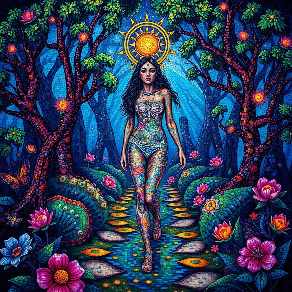 Beautiful magical woman made of colorful mosaic walks in a m...