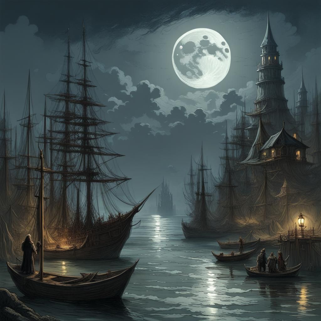 Moon Elf Island Port City in Dark Fantasy Style