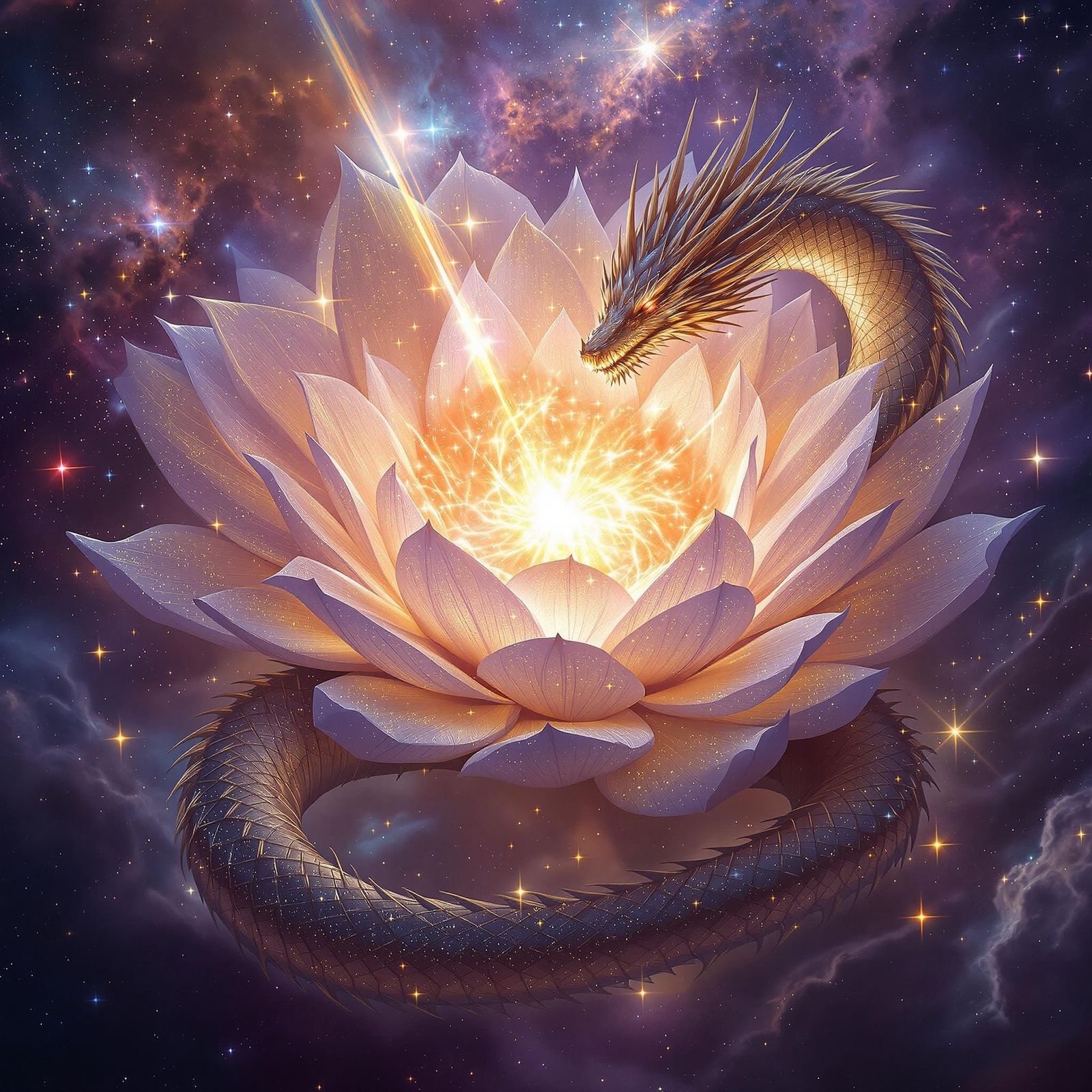 Cosmic Dragon Entwines Galaxy Flower in Vibrant Nebula