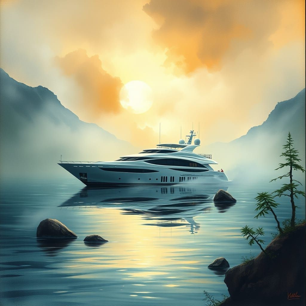 Luxury Yacht in Ethereal Fog, within a Fantastical, Hyper-De...