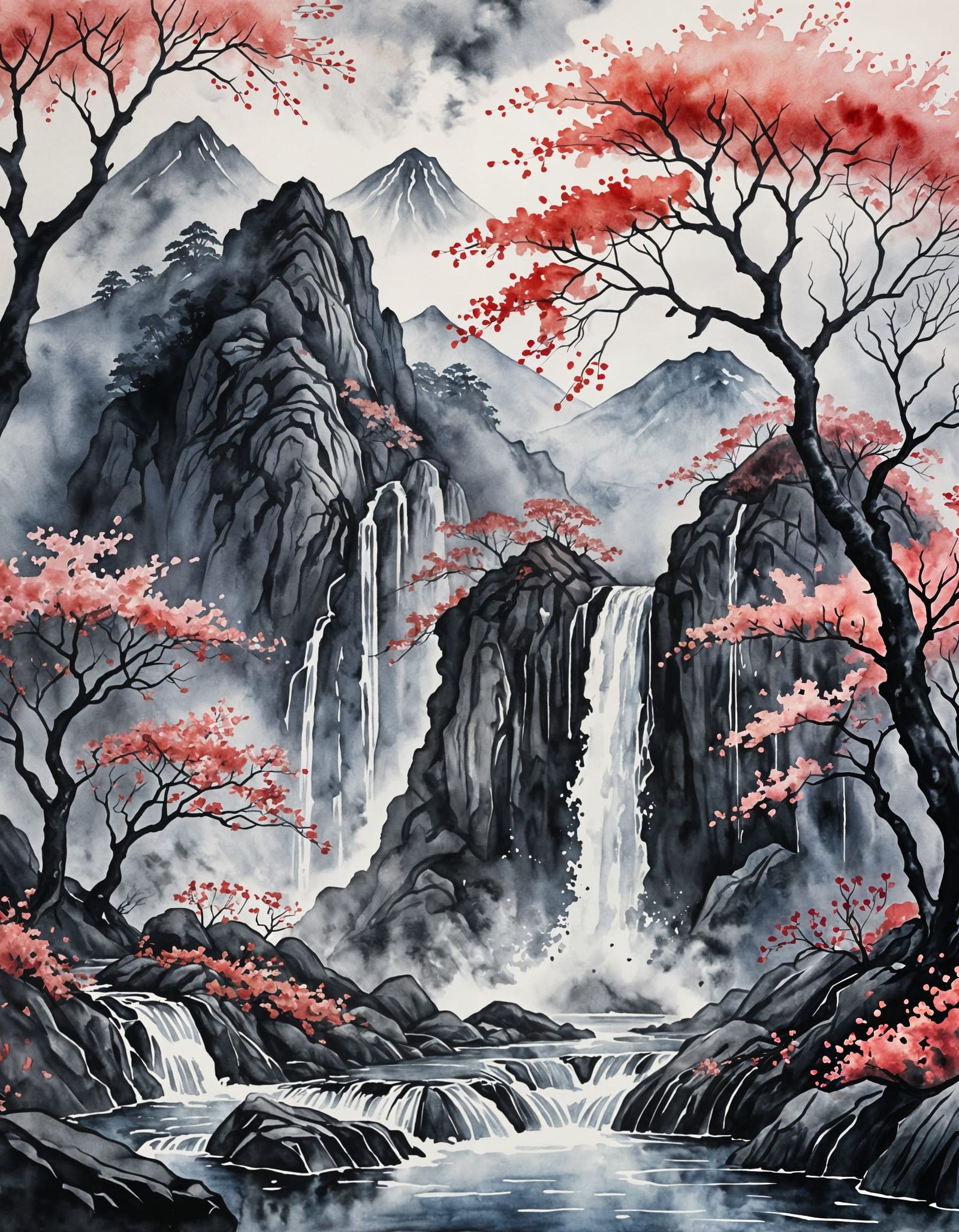 Inky Watercolour, misty mountains background with cherry tre...