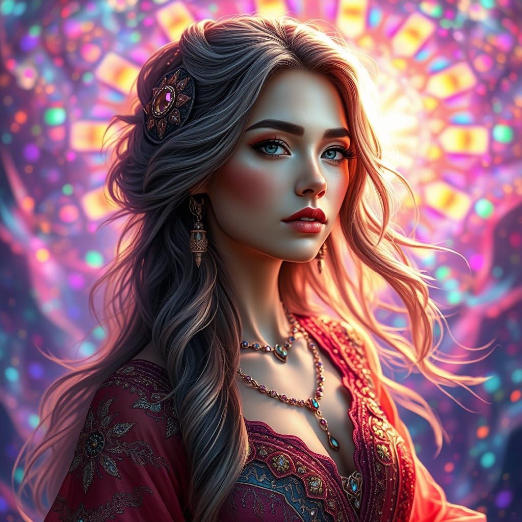 Elegant Fantasy Woman in Vibrant Pointillism Style