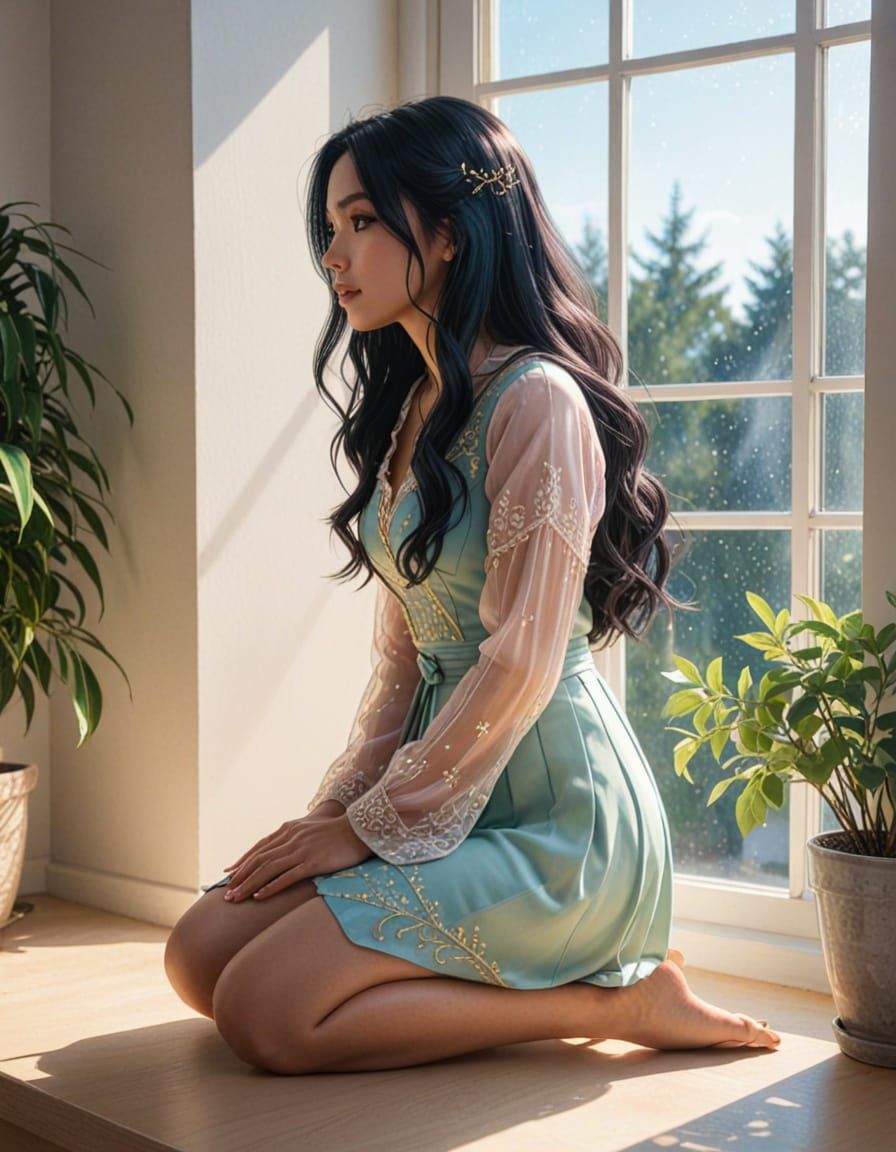 Dominican Anime Woman in Whimsical Golden Light