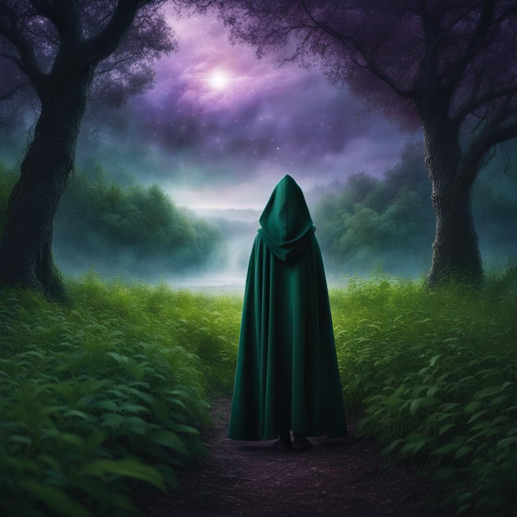 Fantasy Girl in Cloak Before Dark Forest