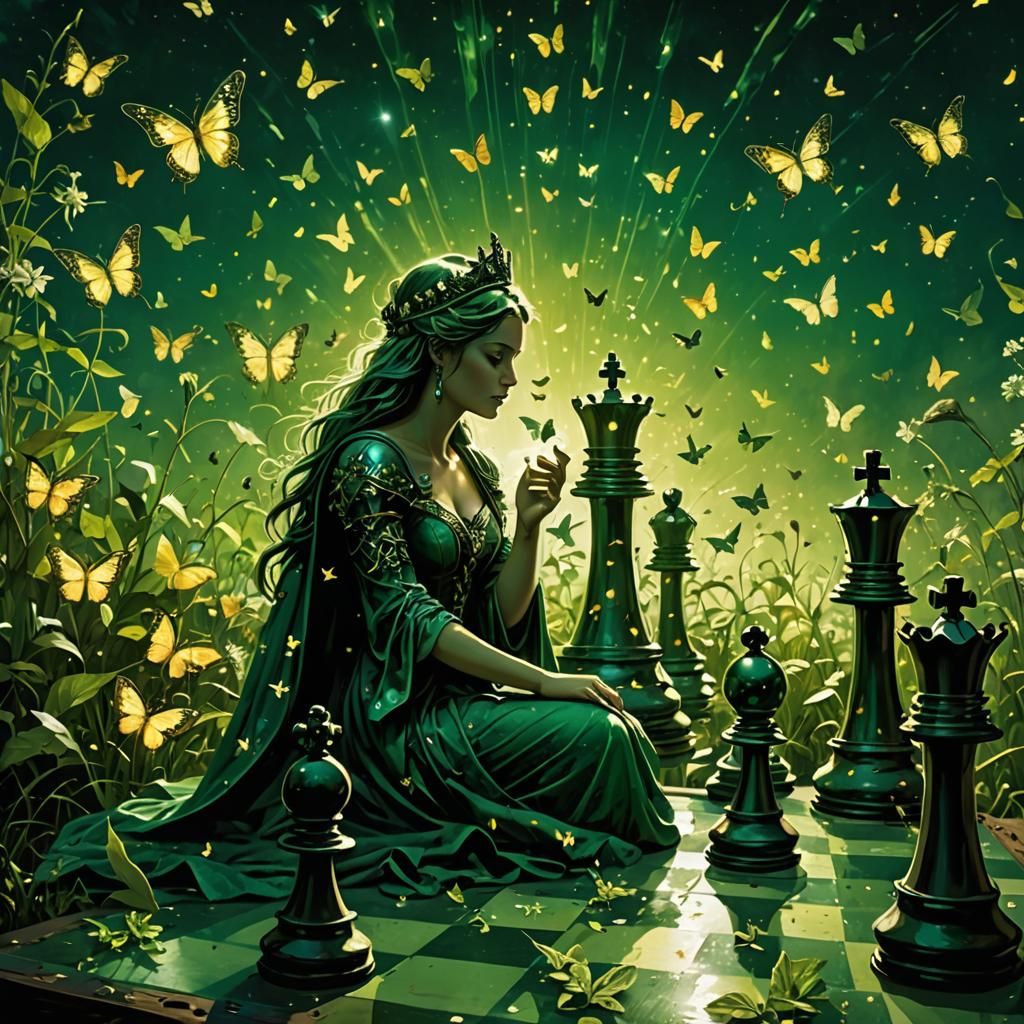 Surreal Chess Game with Butterflies and Fireflies