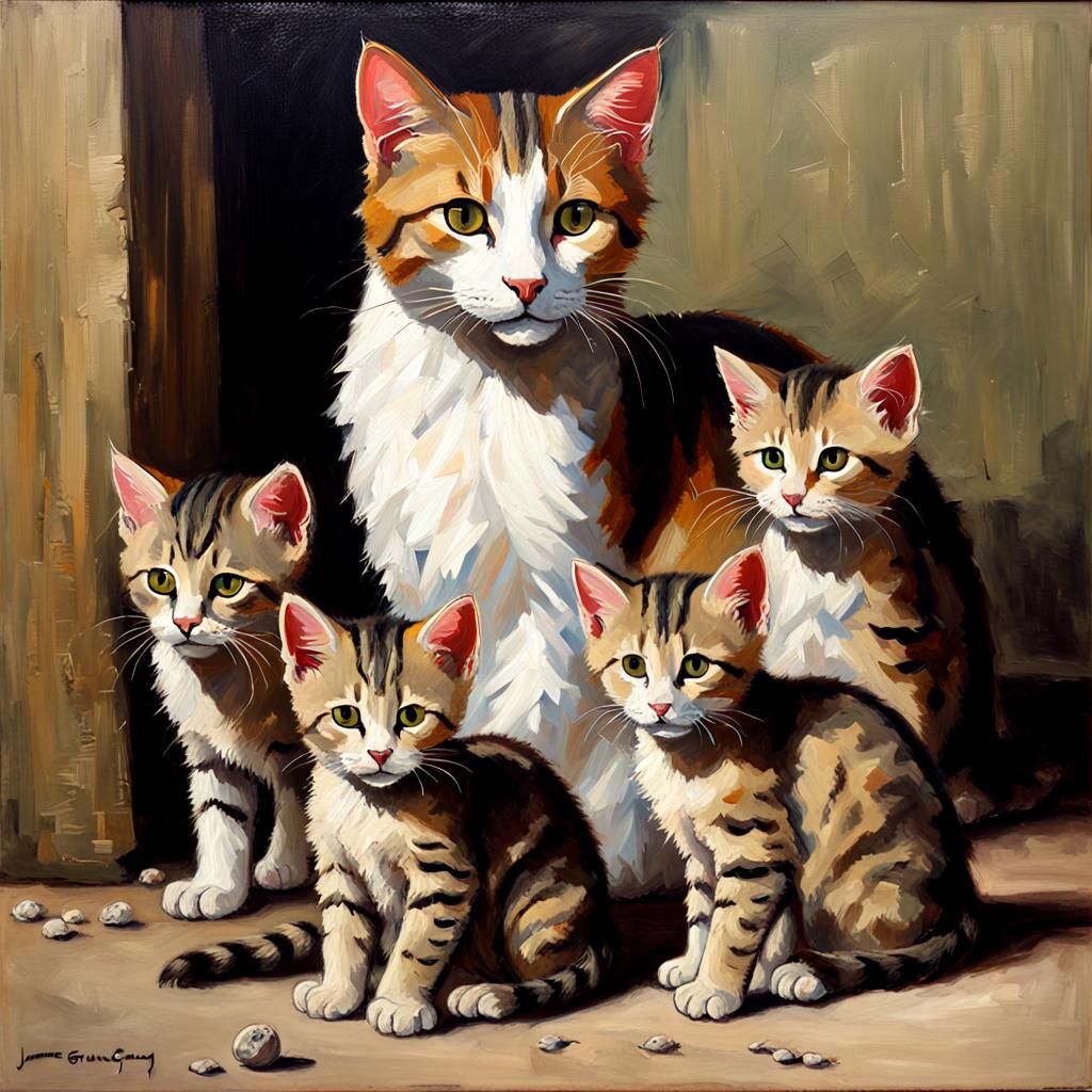 Mother Cat and Kittens in Oil Painting Style