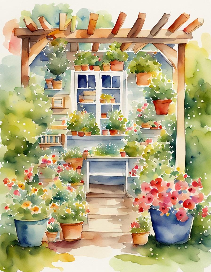 Watercolor Garden Scene with Books