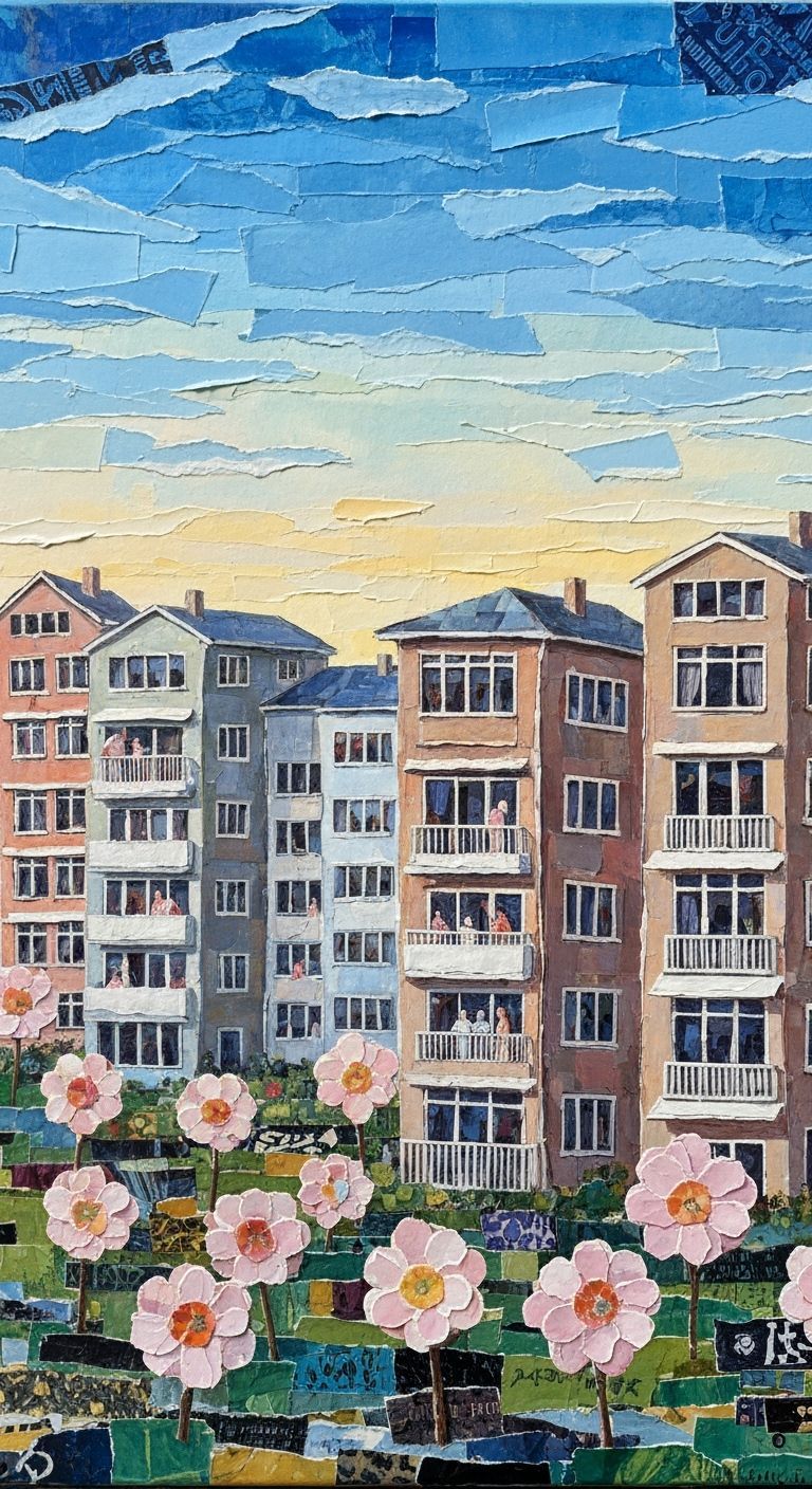 Collage Apartment Complex in Painterly Realism Style