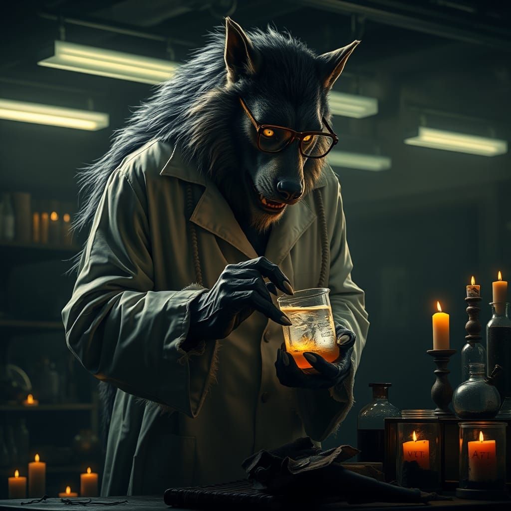 Werewolf Scientist Contemplates Glowing Liquid in Laboratory
