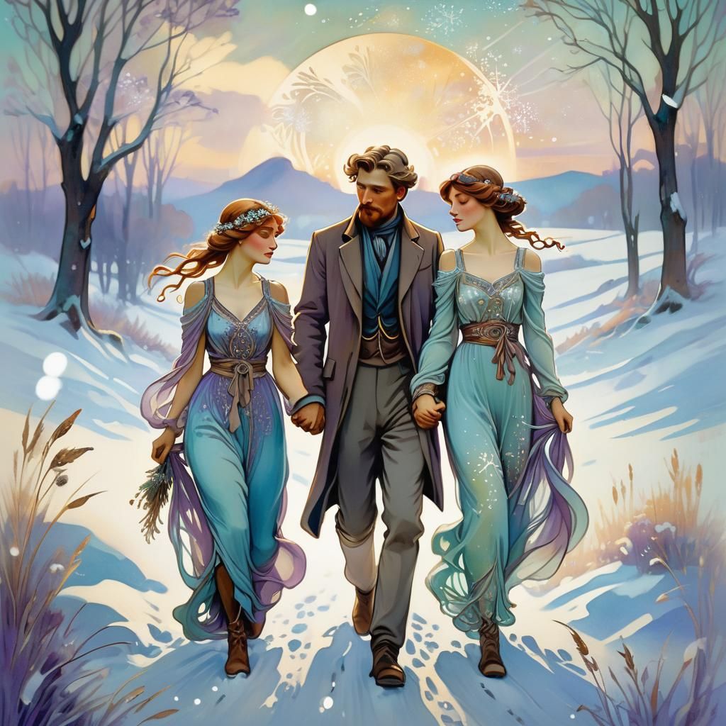 Art Nouveau Couple in Snowy Field, Alfons Mucha Style