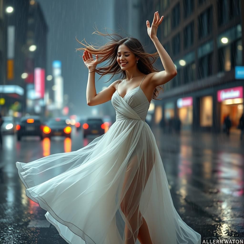 Joyful Woman Dancing in Rainstorm