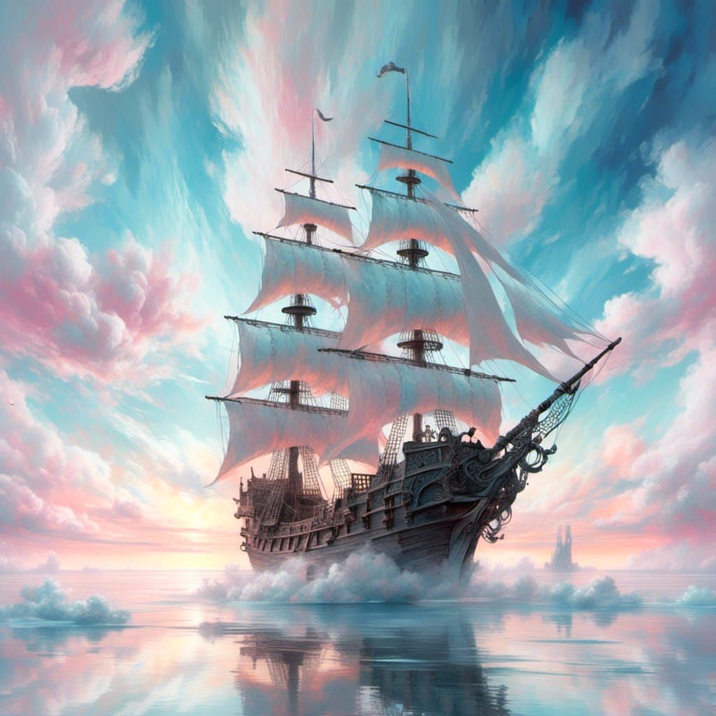 Dreamy Victorian Pirate Ship with Watercolor Background