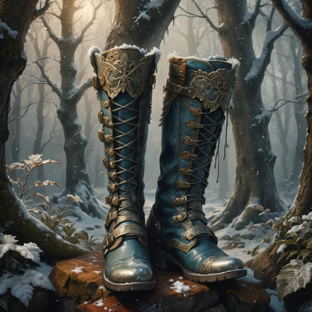 Medieval Boots in Winter Forest: A Digital Painting