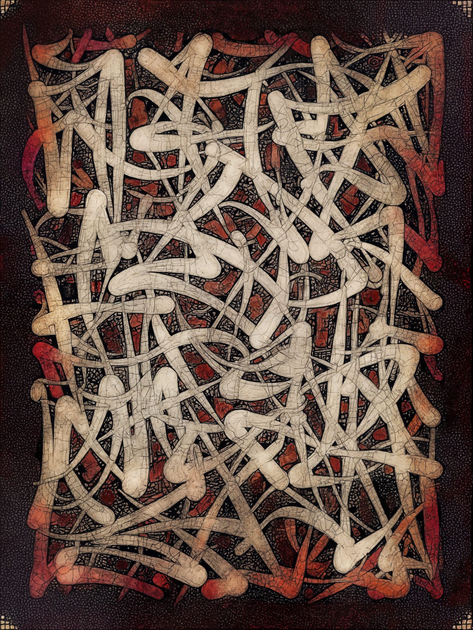 Abstract Asemic Calligraphy in Crimson and Brown