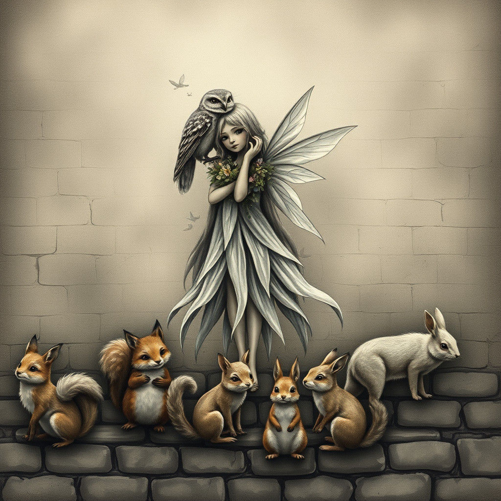 Forest Fairy Surrounded by Animals on Brick Wall