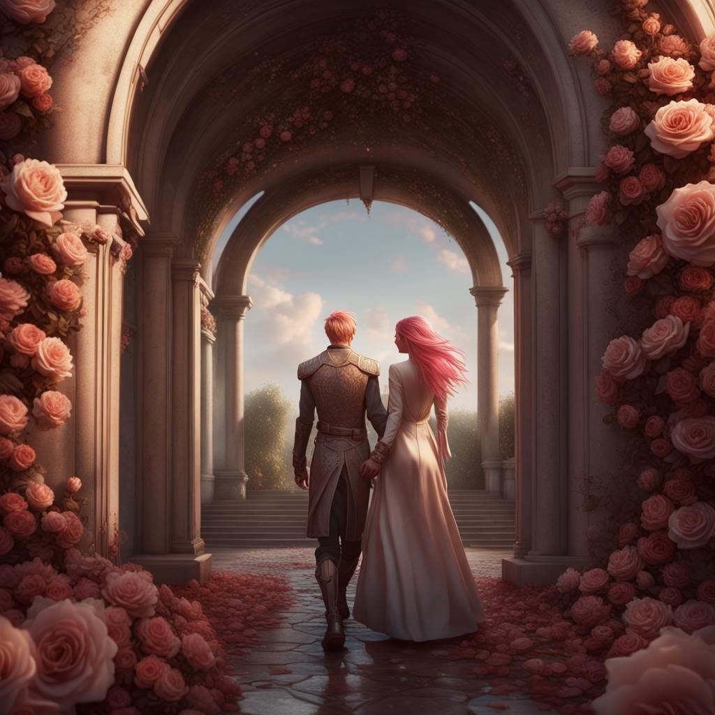 Couple Walking Through Rose Arch in Fantasy Art