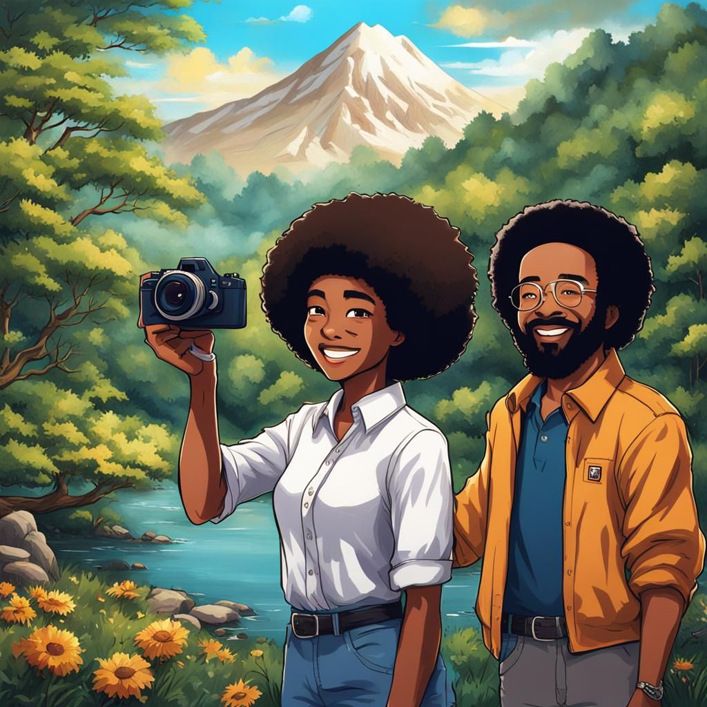 African American Woman with Bob Ross in Anime Style
