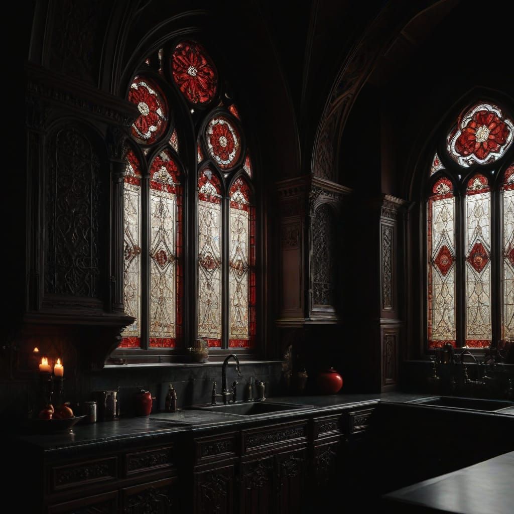 Gothic Kitchen Interior with Ornate Details