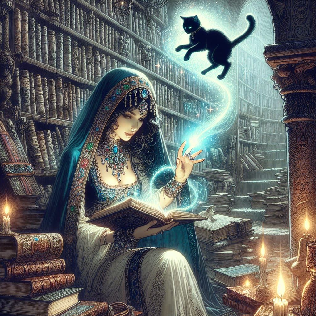 Enchanting Witch Reading in a Magical Library