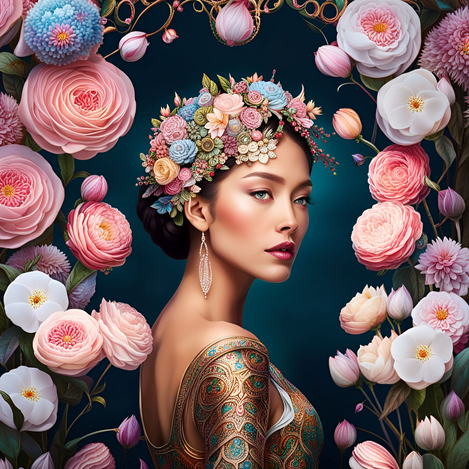 Ethereal Woman in Floral Armor: Fantasy Art