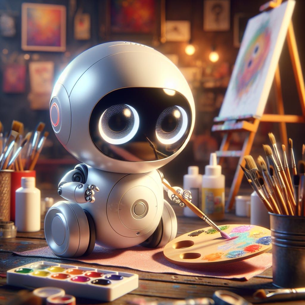 Charming Robot Artist in a Creative Workspace