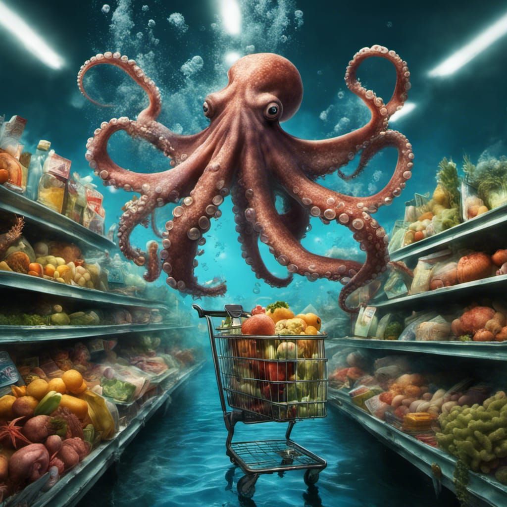 Octopus in Top Hat Shopping Underwater