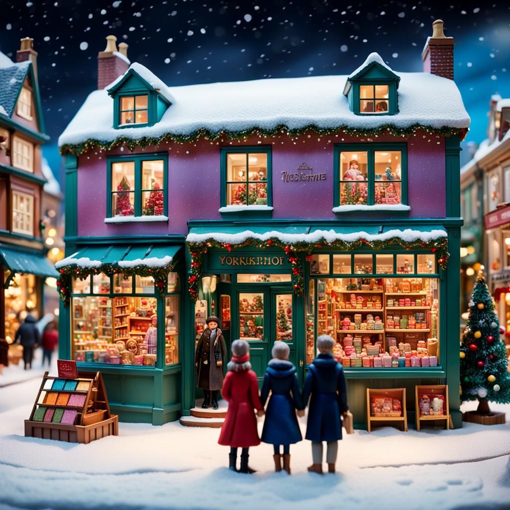 Victorian Christmas Storefront in Tilt-Shift Style