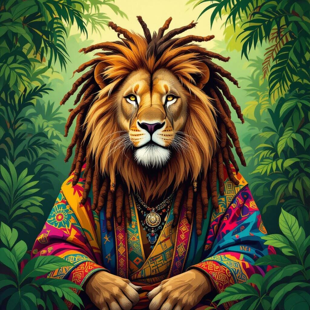 Regal Lion with Dreadlocks in Pop Surrealist Style