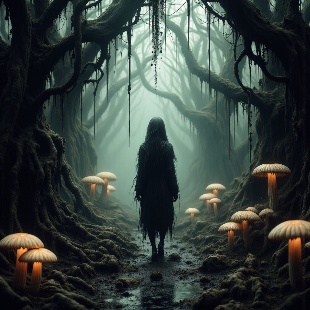 Ethereal Woman in Dark Underground Forest