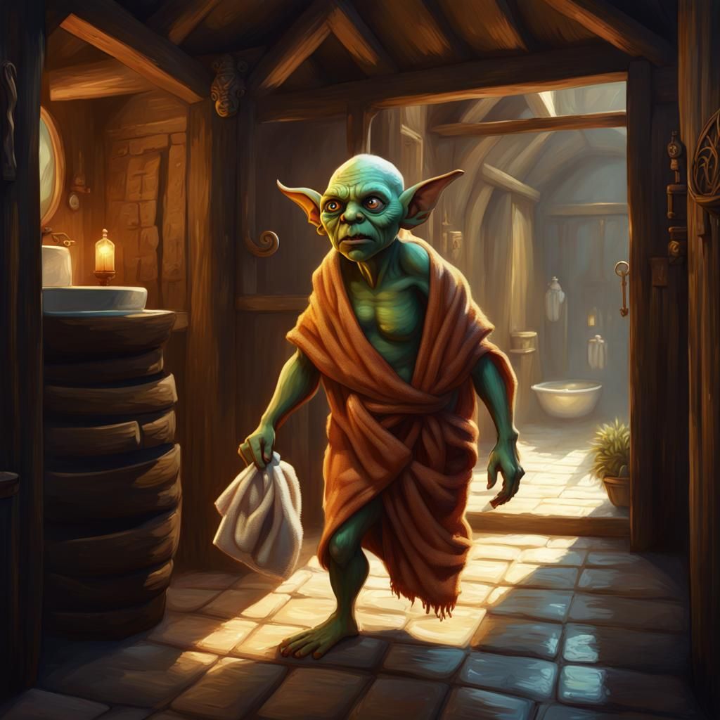 Goblin Leaving Bathhouse: Detailed Matte Oil Painting
