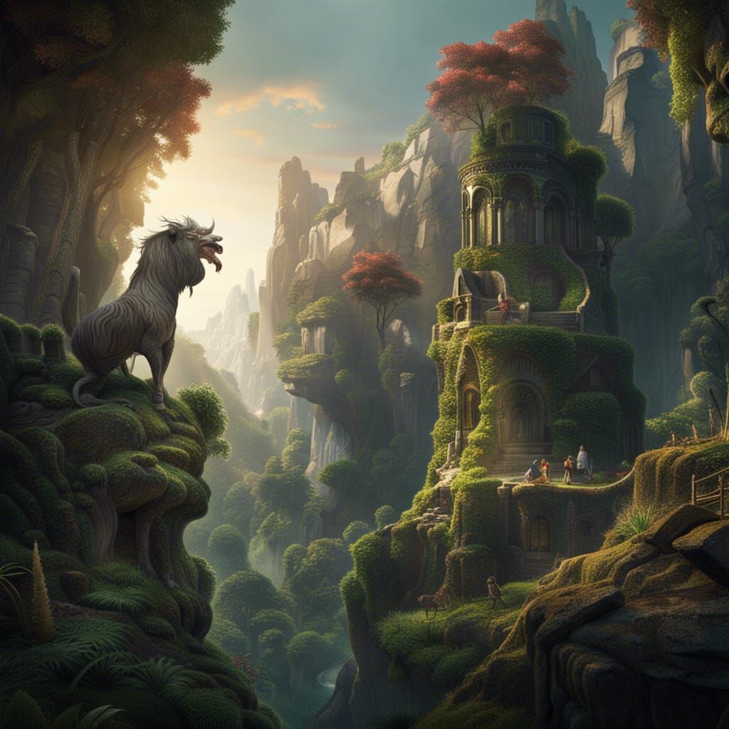 Floating City in Primeval Forest with Mythical Creatures