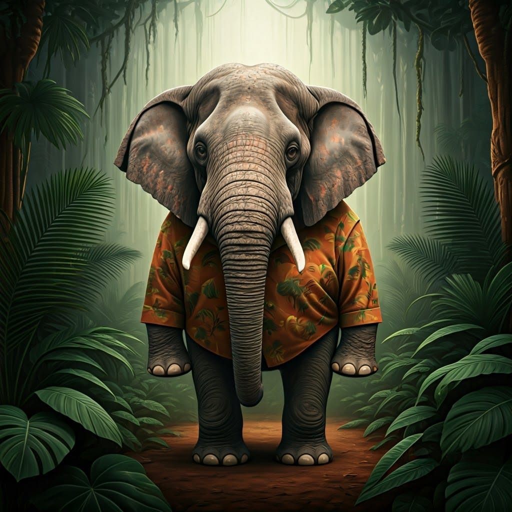 Elephant in Safari Outfit, Whimsical Jungle Scene