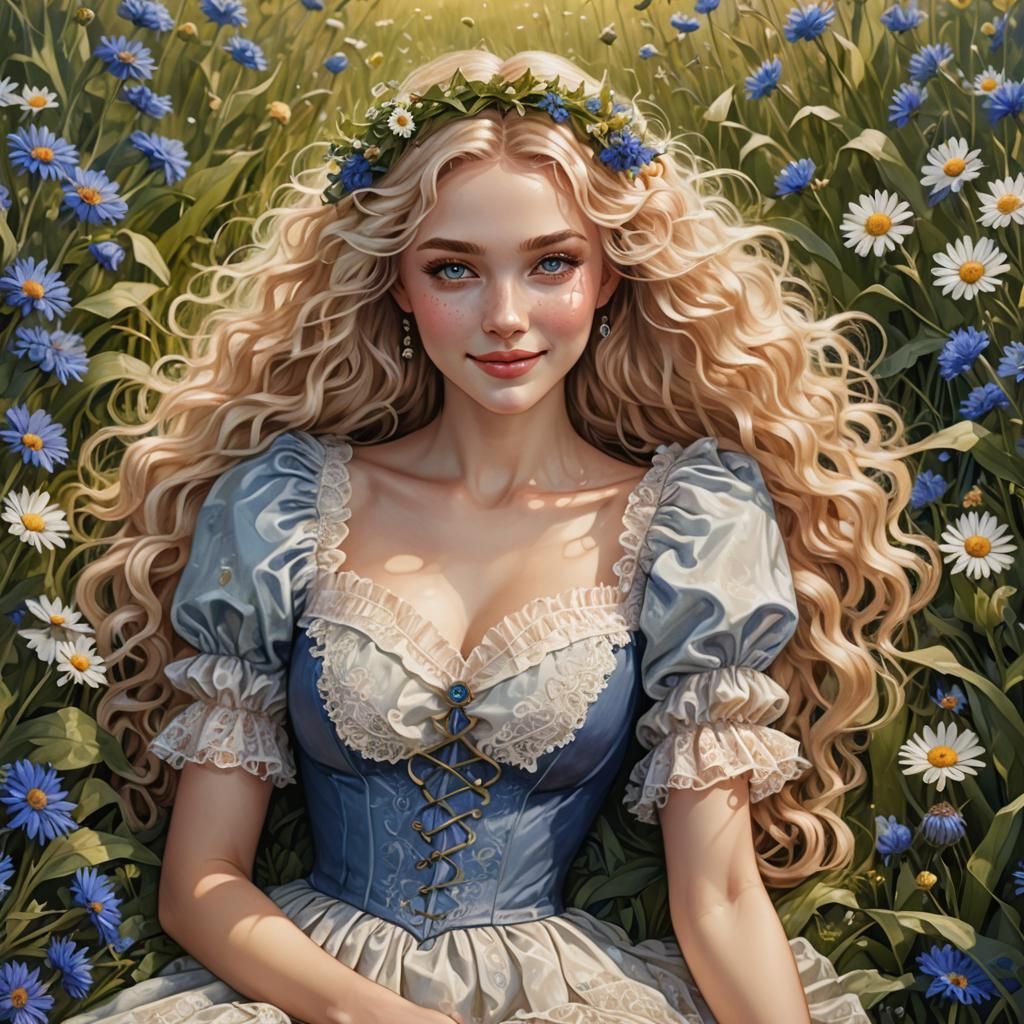 Blonde Woman in Flower Field, Art Nouveau Style