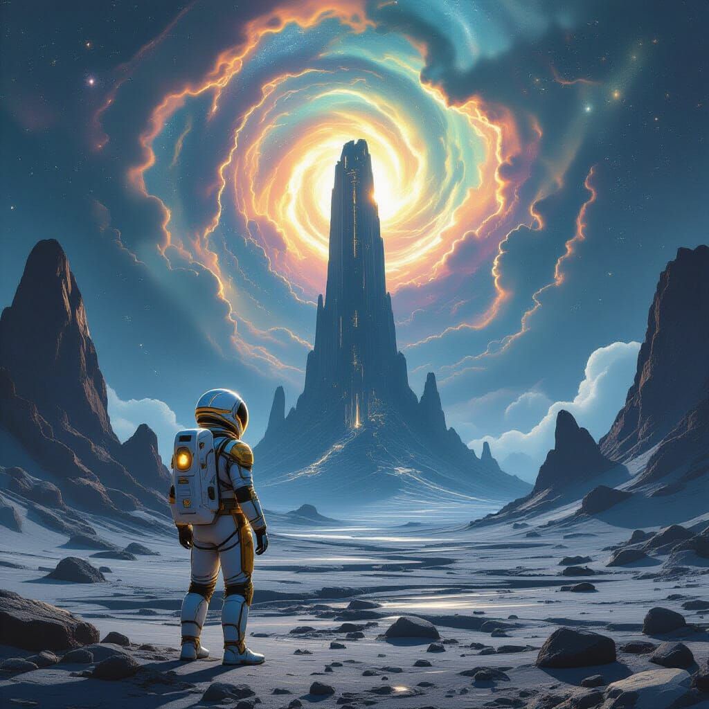 Astronaut Gazes at Alien Ruin Under Swirling Nebulae