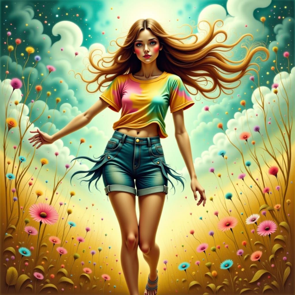 Dancing Woman in Meadow, Digital Art Style