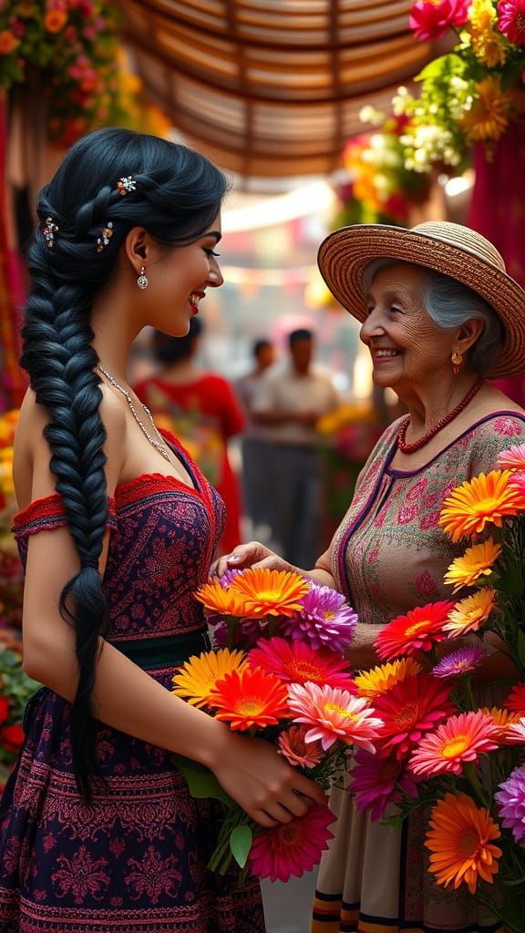 Vibrant Spanish Lady in a Sun-Drenched Market Scene