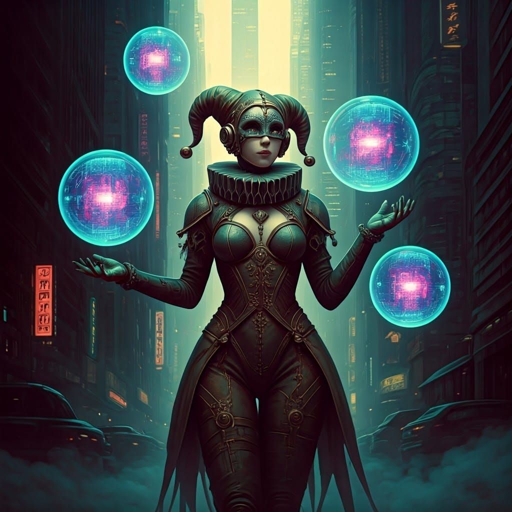 Retro-Futuristic Robot Jester in Cyberpunk Cityscape
