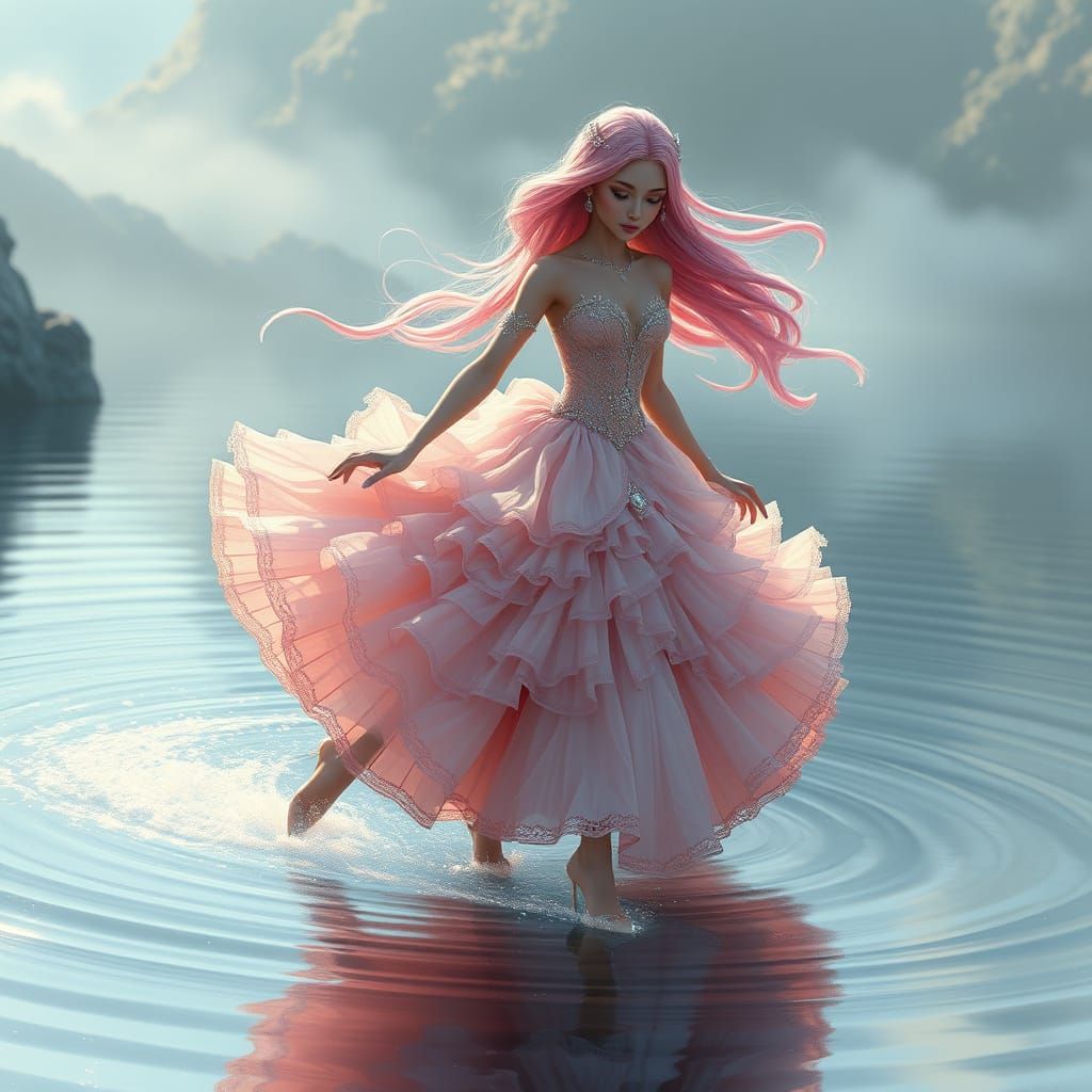 Ethereal Princess Glides Across Serene Enchanted Lake in Dre...