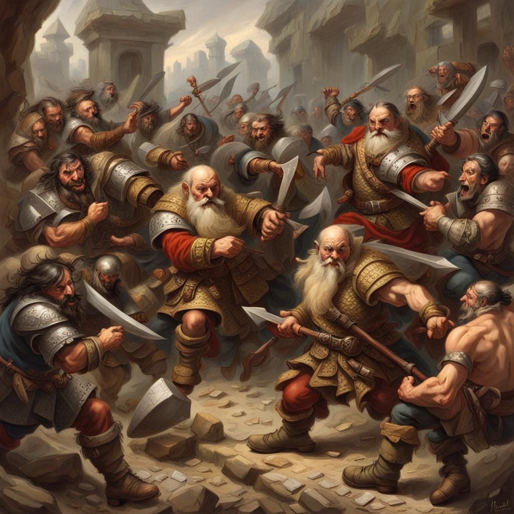Dwarves fighting against orcs rococo