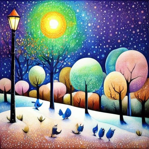 Whimsical Watercolor of Snowman, Fox, and Birds Near Lamppos...