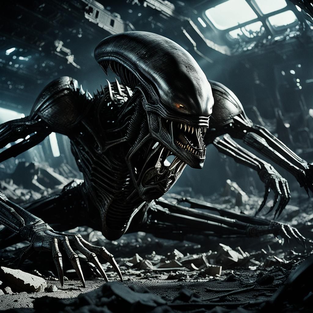 Alien Creature in Spaceship Wreckage: Gritty Sci-Fi