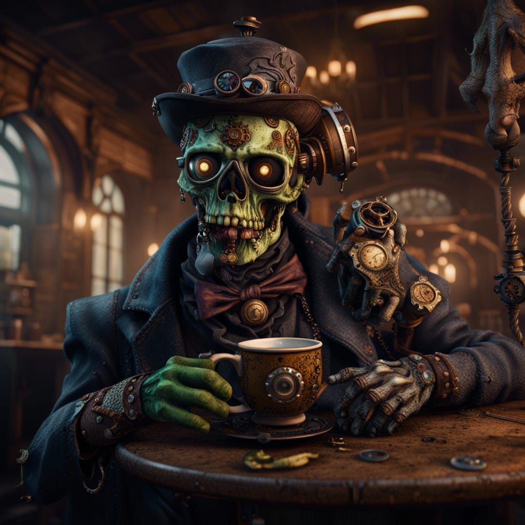 Steampunk Zombie Enjoying Coffee: Detailed Matte Painting
