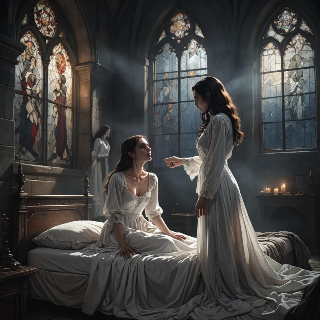 Eerie Vampire Kiss in Dimly Lit Castle Bedroom