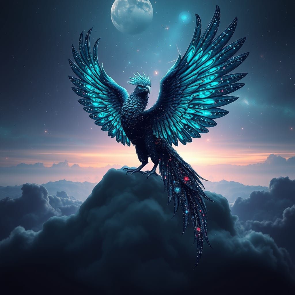 Black and turquoise phoenix on a black cloud, its feathers a...